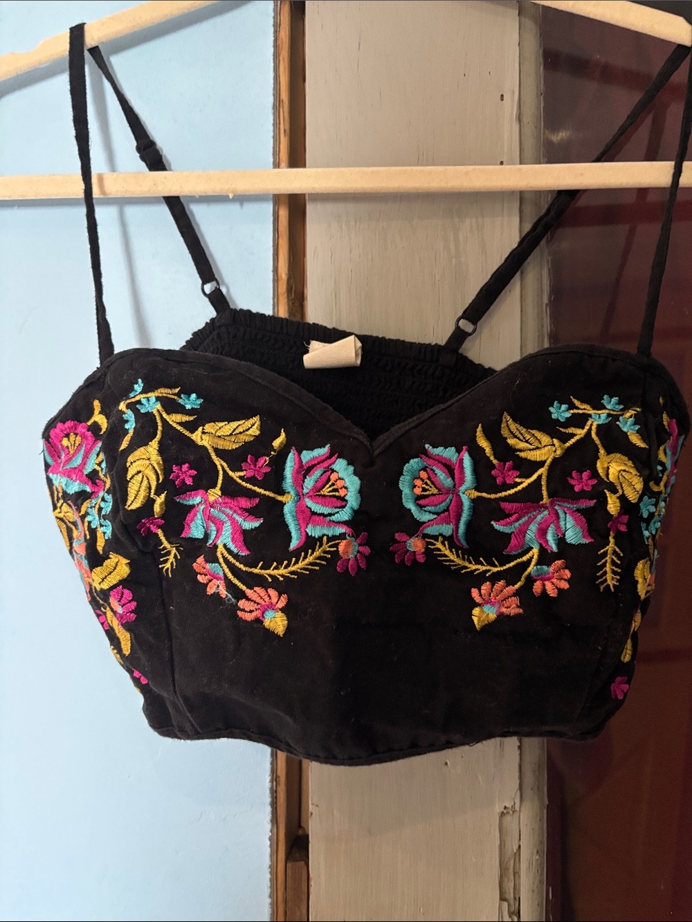 Black Embroidered Floral Crop Top